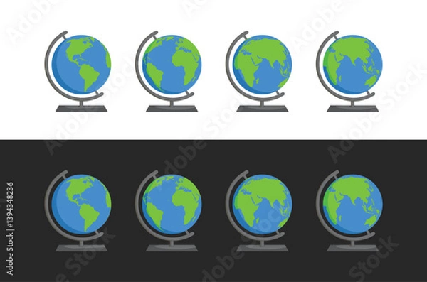 Obraz Cartoon world globe with stand 2d vector icon on white and black background. Globe of planet Earth for concept of kids learning or world traveling.