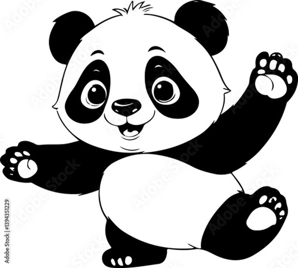 Fototapeta A cartoon style panda bear stands smiling with its arms raised