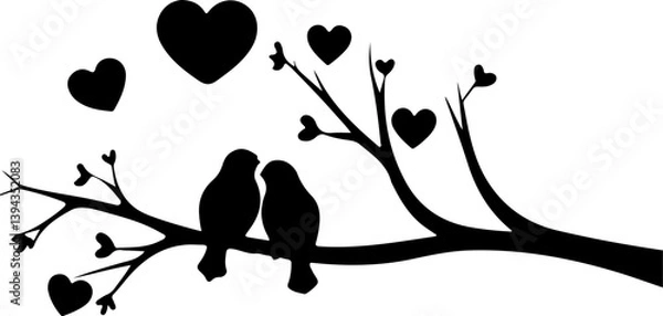 Fototapeta Vector image of two birds perched on a branch silhouetted in black
