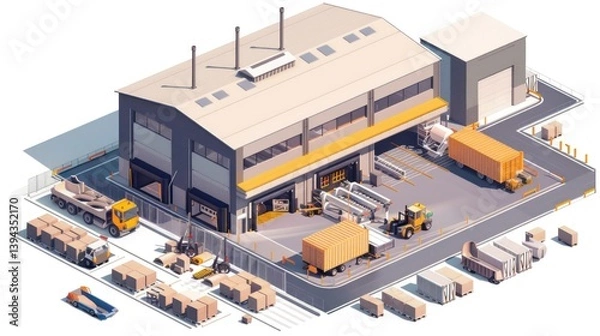 Fototapeta A large factory building with heavy machinery and loading areas.