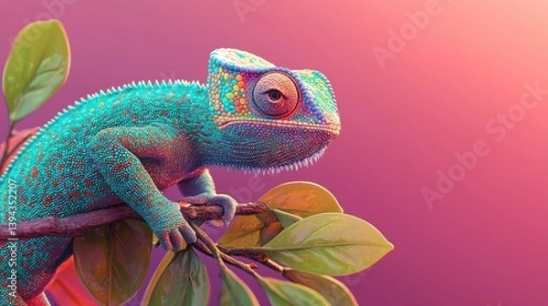 Obraz Colorful chameleon resting on branch with green leaves against coral background