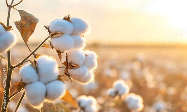 Fototapeta Natural cotton bolls glowing softly under warm sunlight fresh and fluffy white cotton plant close-up in serene agricultural field. generative ai