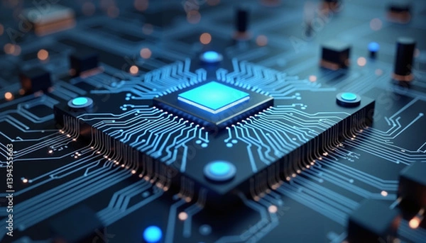 Fototapeta Glowing microchip on circuit board, blue futuristic technology