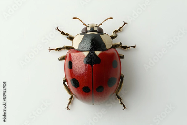 Fototapeta Red ladybug insect with black spots isolated in closeup macro nature