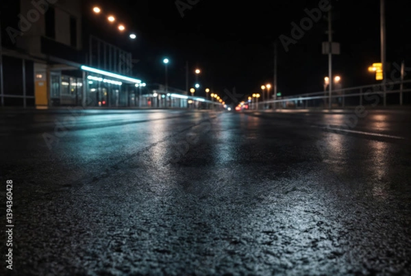 Fototapeta Wet asphalt with neon light. Blurred background, night lights of big city, reflection, puddles