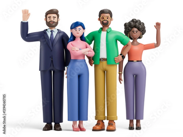 Obraz 3D man and 3D women with raised hands, symbolizing victory and teamwork. 3D rendering, conceptual image, isolated on white background.