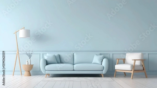 Fototapeta Interior of the room in plain monochrome pastel blue color with furniture and room accessories. Light background with copy space. Unique