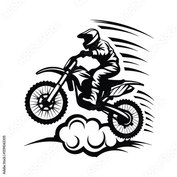 Fototapeta Silhouette of Motorcross Rider Jumping Through Clouds with Speed Lines on White Background