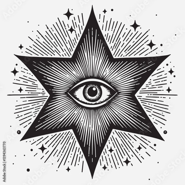 Fototapeta Star with prediction eye, occult and esoteric tarot magic symbol. Hand drawn vector