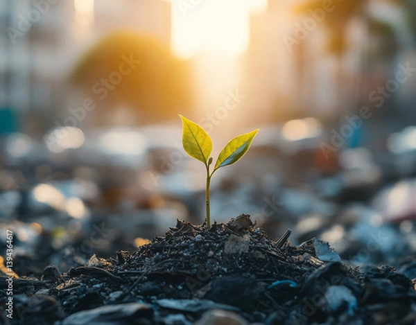 Obraz small green seedling emerges from pile of garbage in urban setting, symbolizing hope and renewal amidst pollution. sunlight creates warm, hopeful atmosphere