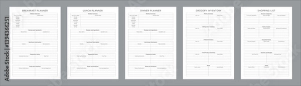 Obraz Comprehensive Meal Planning Sheets for Weekly, Monthly, and Daily Meal Prep, Grocery List Organization, Nutritional Tracking, and Healthy Eating Goals, Easy Printable Templates Set of 5 Pages