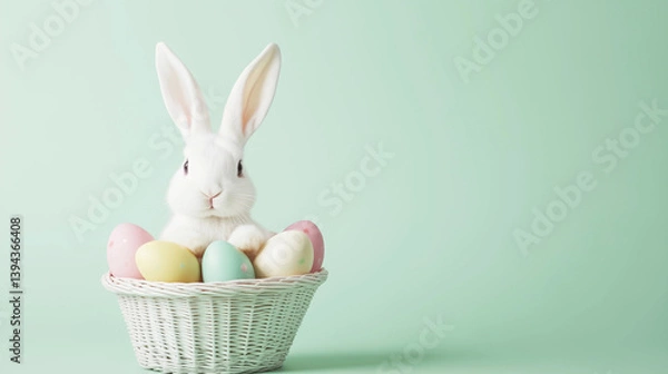 Obraz Kleiner Osterhase mit Eiern und Textfreiraum - Frohe Ostern