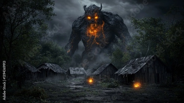 Fototapeta Eerie battle against a giant monster in a forsaken village dark fantasy scene dismal atmosphere dramatic perspective