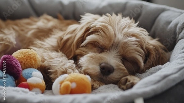 Fototapeta A cute puppy sleeping soundly in a pet bed surrounded by toys, with a soft blanket draped over it, capturing a peaceful and adorable moment.