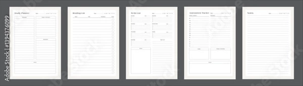 Fototapeta Study Planning Pages Planner Sheet Design Template Set of 5 pages for Organizing Study Sessions, Goals, Timelines, Assignments, Exams, and Progress Tracking for Effective Learning and Academic Success