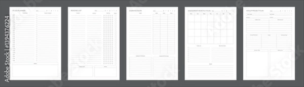 Obraz Study Planning Pages Planner Sheet Design Template Set of 5 pages for Organizing Study Sessions, Goals, Timelines, Assignments, Exams, and Progress Tracking for Effective Learning and Academic Success