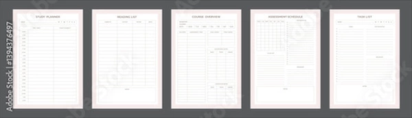 Obraz Study Planning Pages Planner Sheet Design Template Set of 5 pages for Organizing Study Sessions, Goals, Timelines, Assignments, Exams, and Progress Tracking for Effective Learning and Academic Success