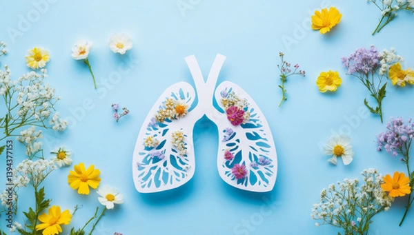Obraz Paper cut out of lungs adorned with colorful flowers on blue background, symbolizing health and nature. vibrant floral arrangement creates serene and hopeful atmosphere