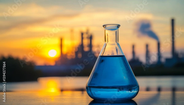 Obraz conical flask filled with blue liquid sits on table against vibrant sunset, with industrial factory in background, creating contrast between science and industry