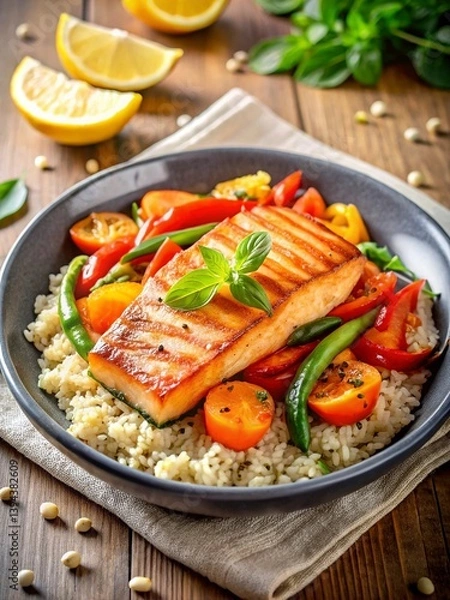 Fototapeta Salmon fillet with vegetables and couscous in a bowl