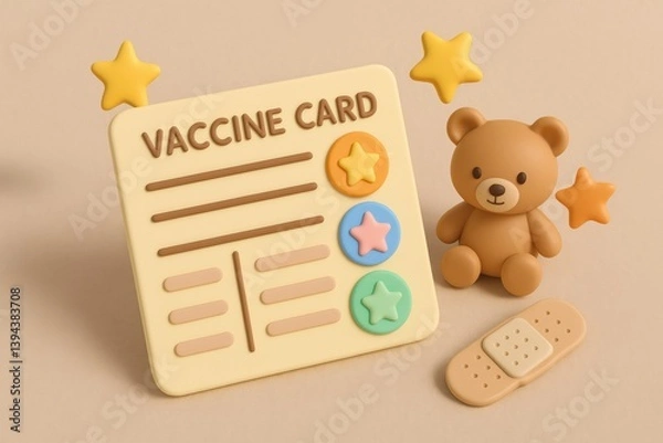 Obraz Vaccine Card: A creative and child-friendly depiction, of a vaccination card with a cute teddy bear, showcasing the important of children vaccination for a healthy future.