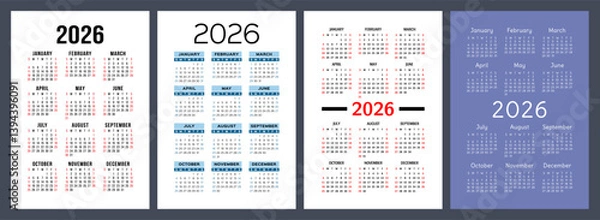 Obraz 2026 year calendar set. Color vector pocket calender design. Week starts on Sunday. January, February, March, April, May, June, July, August, September, October, November, December