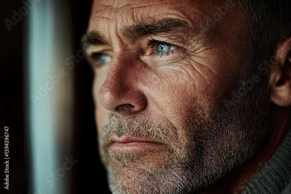 Obraz Thoughtful mature man looking out window in low light