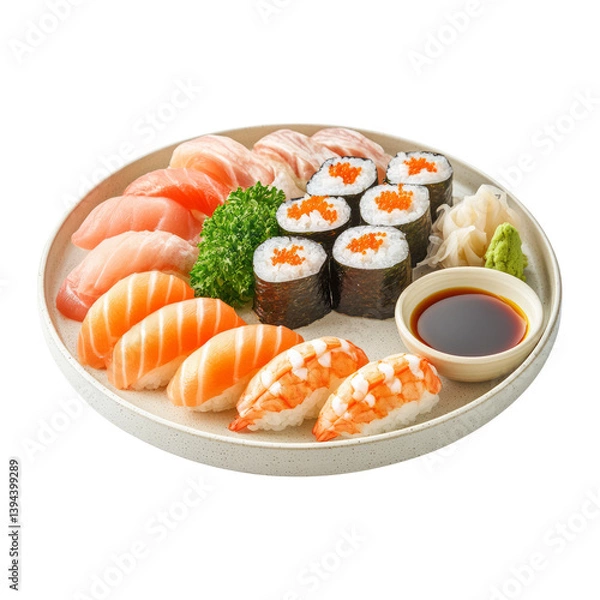 Obraz Sushi Plate with Various Seafood Delights Isolated on White Background