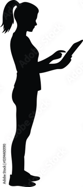 Fototapeta silhouette of woman with ponytail using tablet in profile view