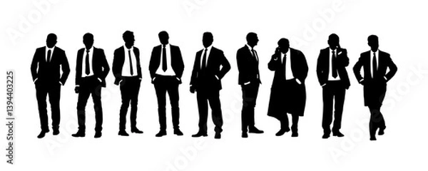 Fototapeta Business people with hand in pocket vector silhouette isolated. Handsome man suite tie. Elegant male busy manager shape. Yuppie businessman meeting with client out office. Contract deal communication.