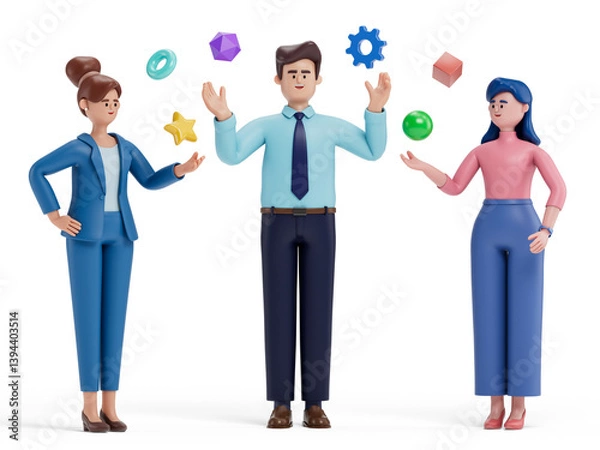 Obraz 3D people interacting with floating icons, symbolizing innovation and creativity. 3D rendering, conceptual image, isolated on white background.