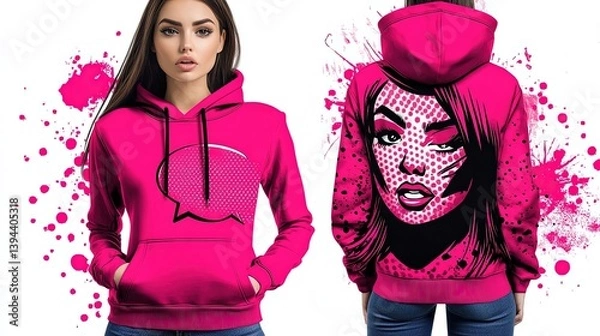 Fototapeta Hot pink female hoodie, front and back view, pop art theme, front has a small comic-style explosion or speech bubble, back features a bold pop art portrait or design, white background, isolated