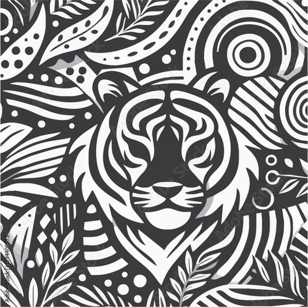 Fototapeta Tribal tiger tattoo vector design shows a wild feline head in abstract seamless black illustration art