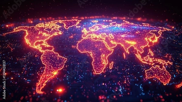 Fototapeta Global network map, glowing world map, digital earth, illuminated world, technology, international, connection, communication, global, internet, data, network, world, digital,