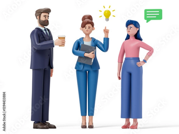 Fototapeta 3D people discussing ideas symbolize brainstorming and collaboration. 3d rendering, conceptual image. Isolated on white background.
