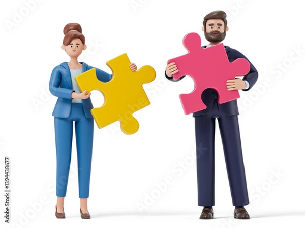 Fototapeta 3D people holding puzzle pieces symbolize teamwork and problem-solving. 3d rendering, conceptual image. Isolated on white background.