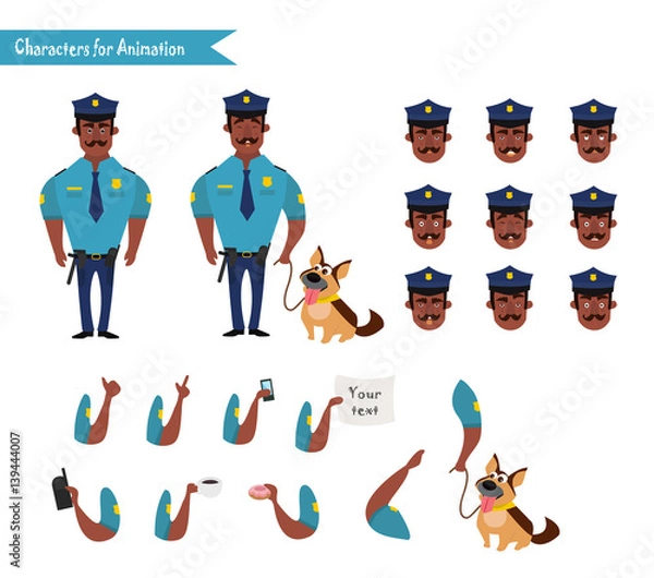 Fototapeta Set of colorful isolated vector policeman at work.