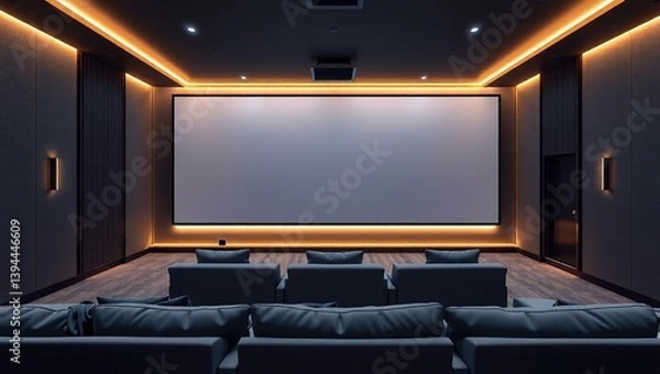 Obraz Modern Home Theater with Plush Seating and Ambient Lighting