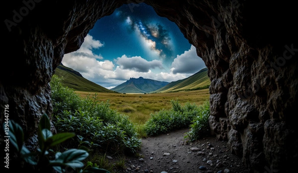 Obraz a tunnel in the middle of a field with a mountain in the background