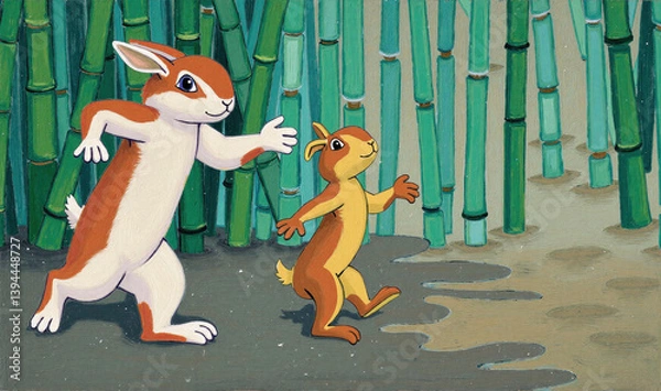 Fototapeta a painting of a rabbit and a squirrel in front of bamboo trees
