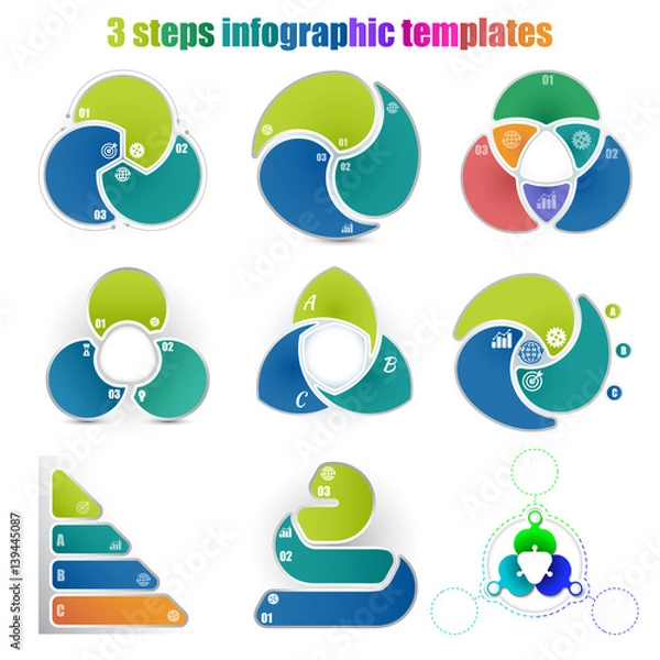 Fototapeta Set of different circle infographic templates 3 steps. Colorful parts and business icons. For presentation and design concept. Vector illustration.