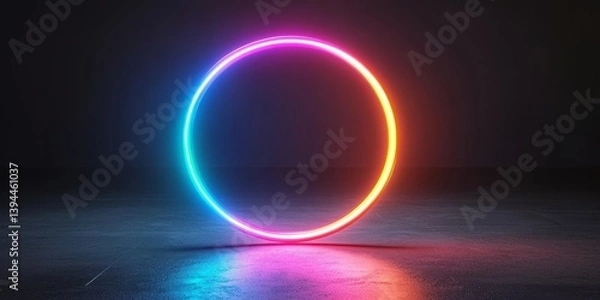 Fototapeta A Vivid. Geometric Circle of Blue and Pink Neon Color Shining Light Upon a Smooth Surface.