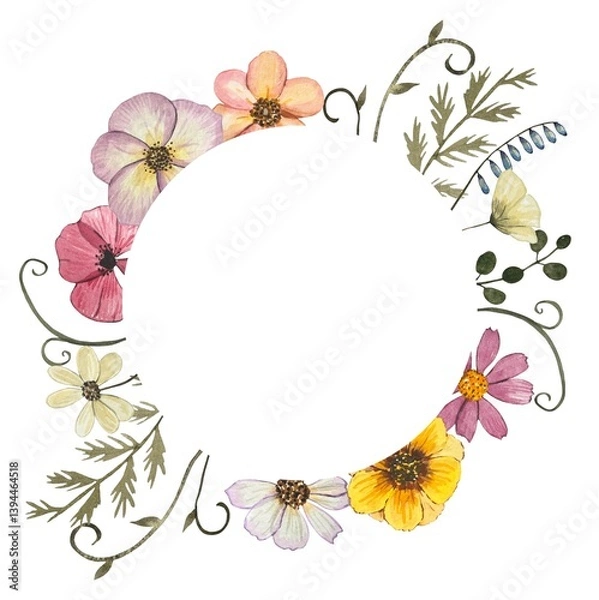 Obraz Round frame with watercolor pressed dried flowers. Isolated on white background