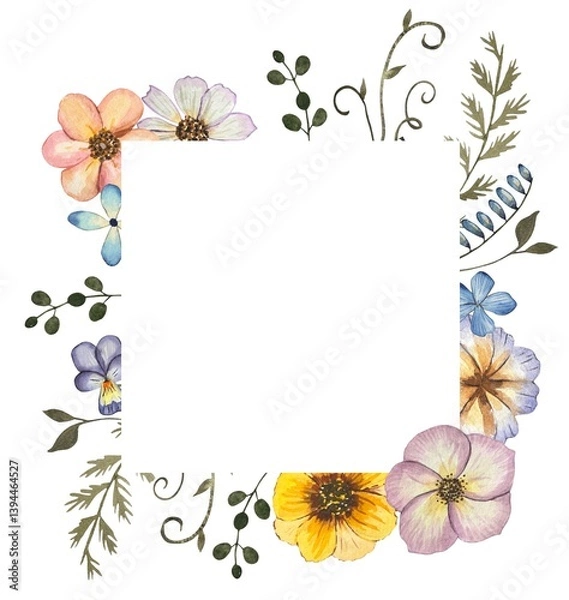 Obraz Frame with watercolor pressed dried flowers. Isolated on white background
