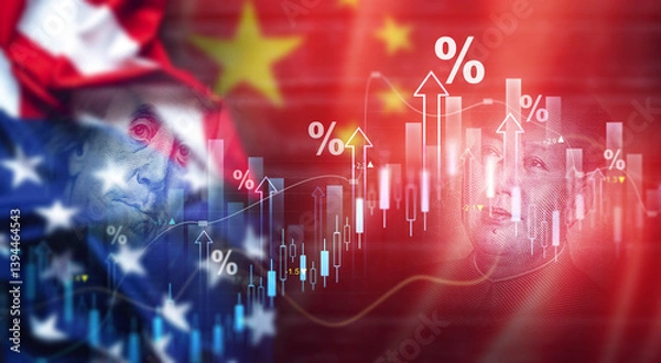 Fototapeta United States tariffs government import tariff China,to increase the American economy.Industrial Tariffs growth.Import Tariffs increase.Trade war policy United States with China. Dollar vs Yuan war.