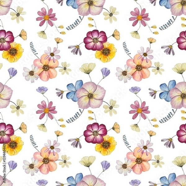 Obraz Floral seamless pattern with dried pressed flowers. Watercolor on white background