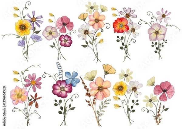 Obraz Collection with pressed dry flower bouquets isolated on white background. Watercolor