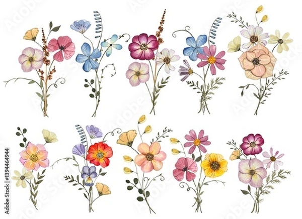 Obraz Collection with pressed dry flower bouquets isolated on white background. Watercolor