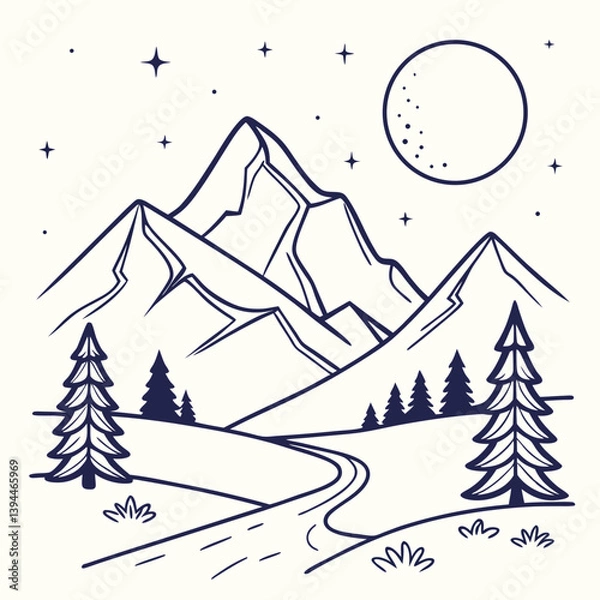 Fototapeta Winter Mountain Landscape Minimal Line Art Mountains with Full Moon – Clean and Stylish Nature Vector Design