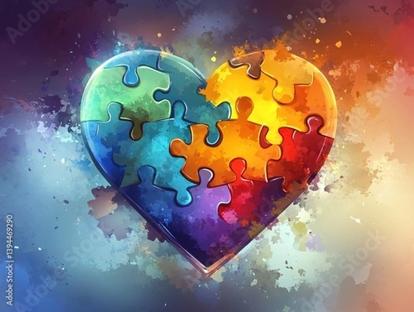 Fototapeta Heart-shaped puzzle piece symbolizes love and acceptance for autism awareness in vibrant colors